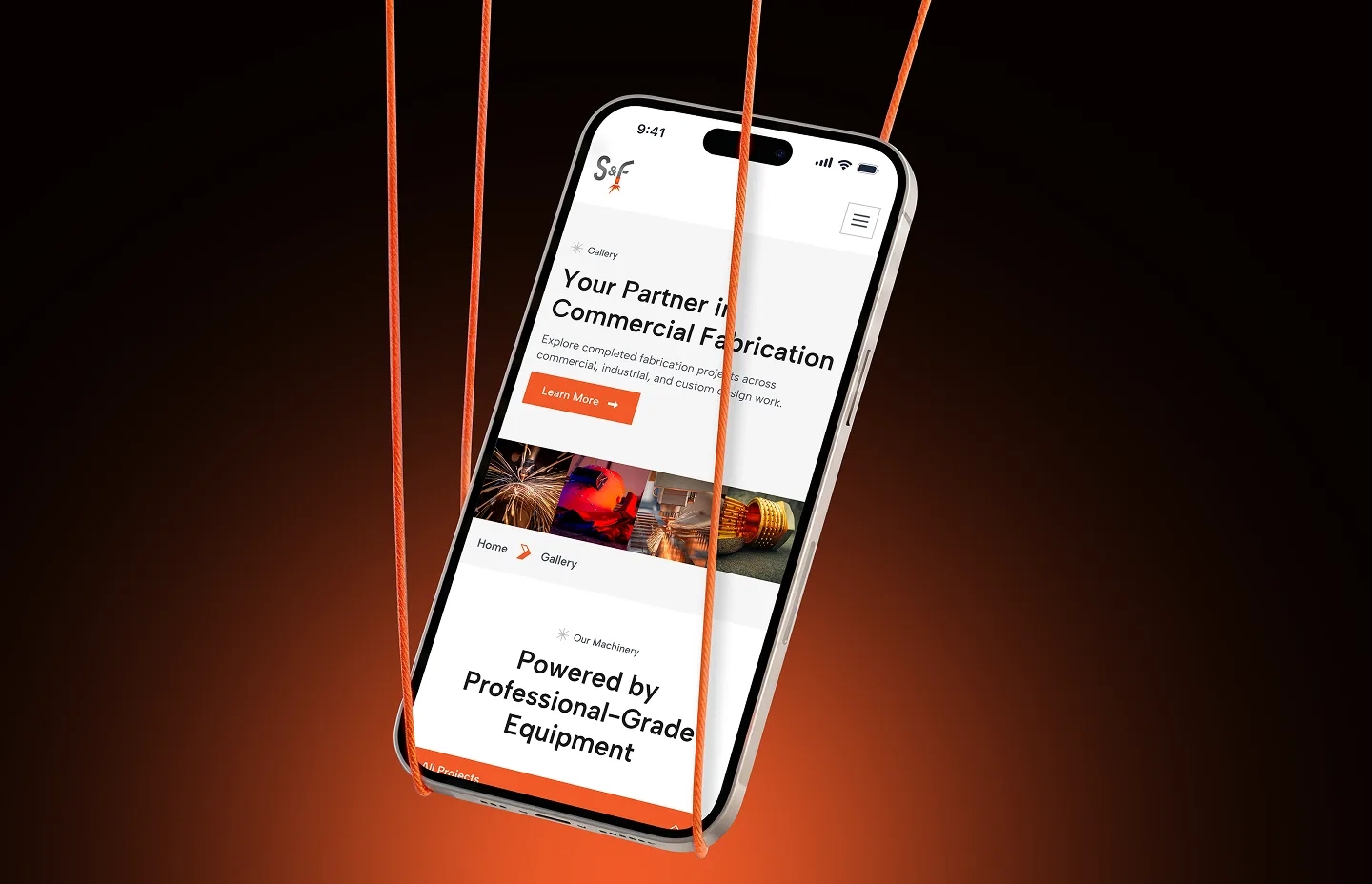 S&F Fabrication mobile homepage and cart screens on floating phones