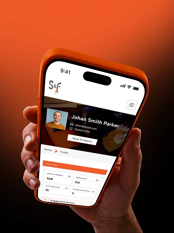 S&F Fabrication mobile customer profile screen held in hand