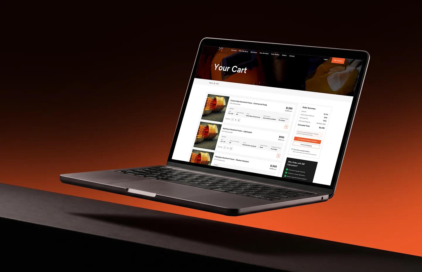 S&F Fabrication cart page shown on a laptop