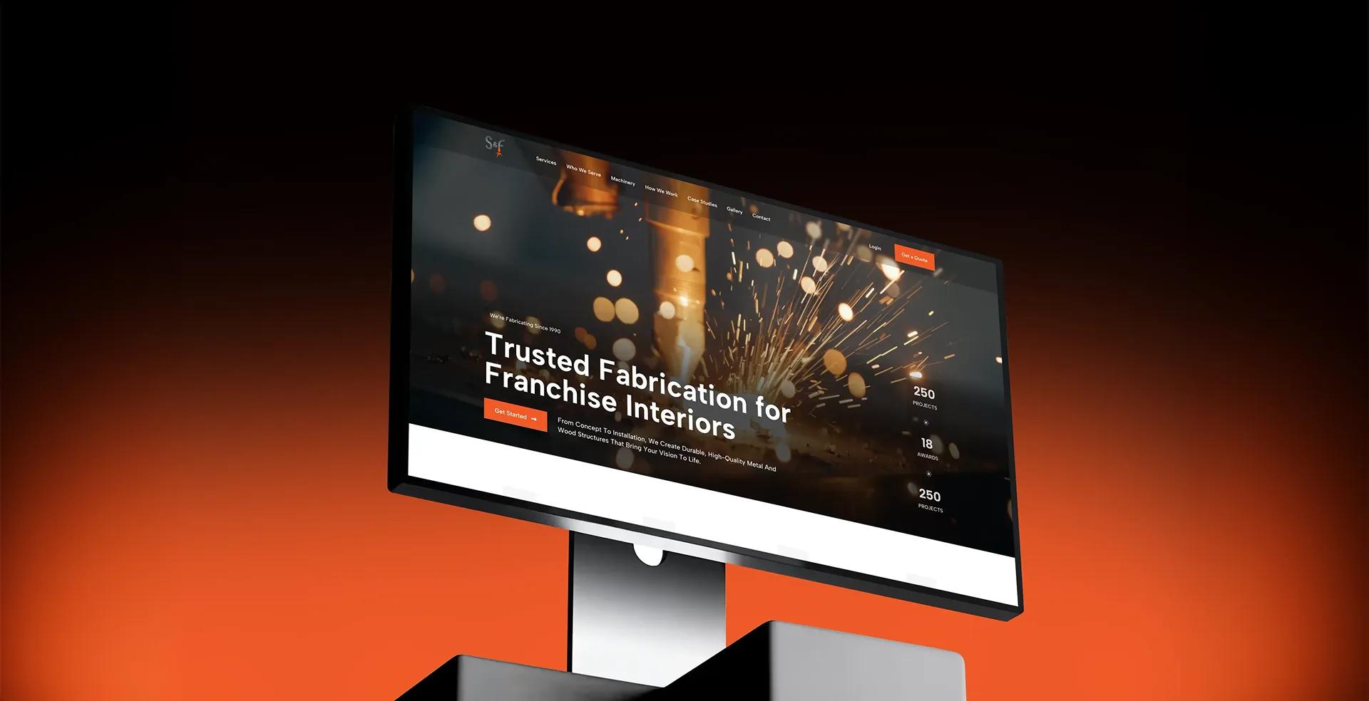 S&F Fabrication and Design homepage shown on a monitor