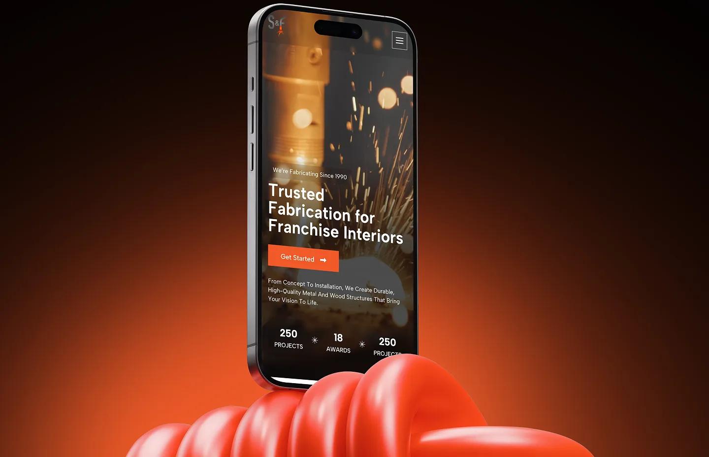 S&F Fabrication mobile homepage shown on a phone with red background