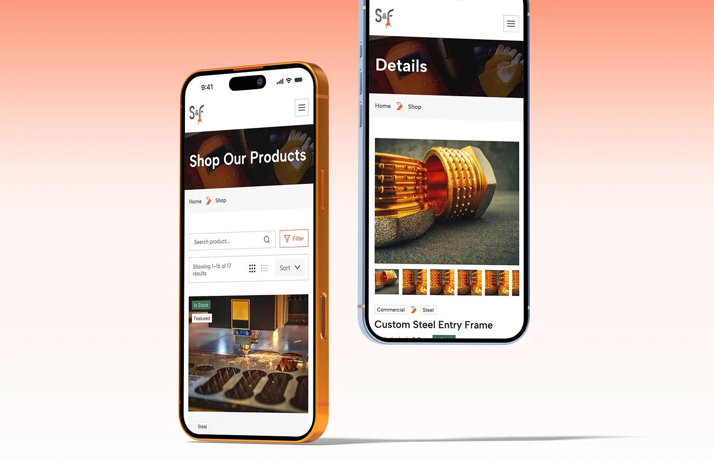 S&F Fabrication shop products and product detail screens shown on phones