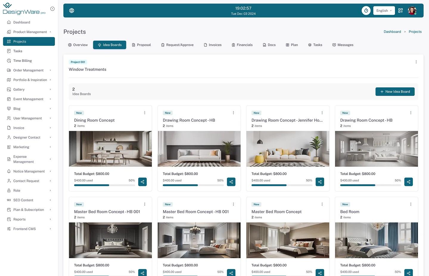 DesignWare Pro project and room concept dashboard
