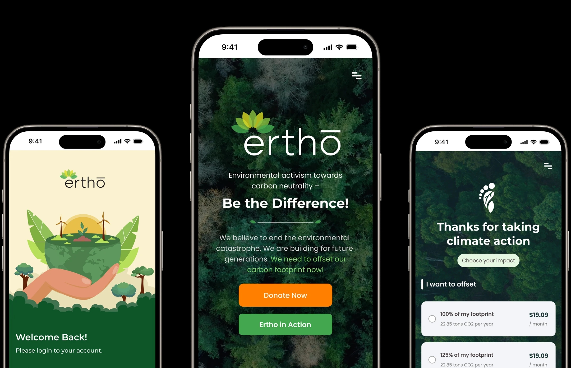 Ertho app shown across three smartphone screens