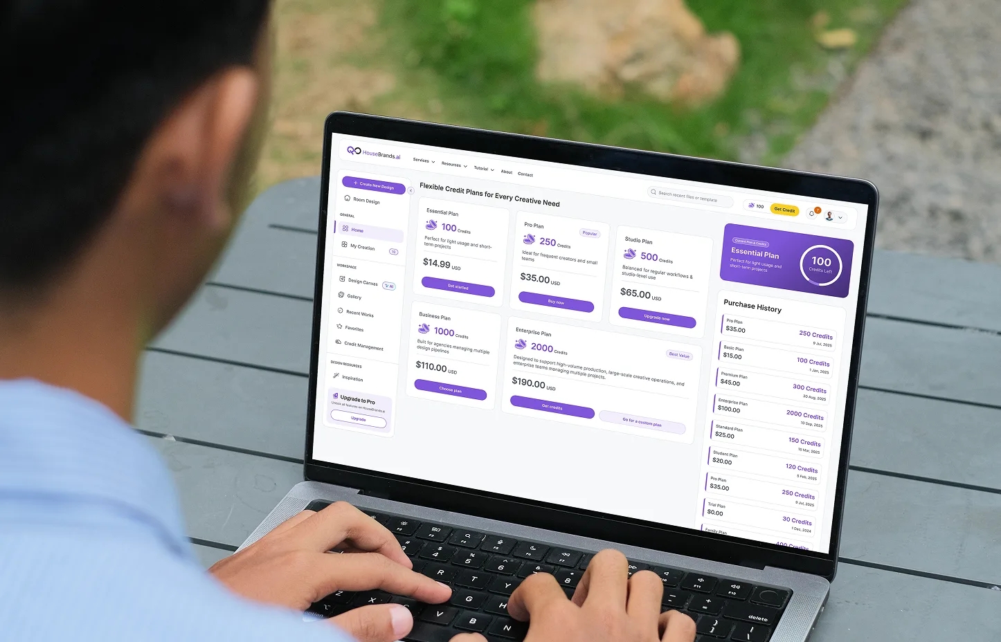 HouseBrands AI credits and pricing page shown on a laptop