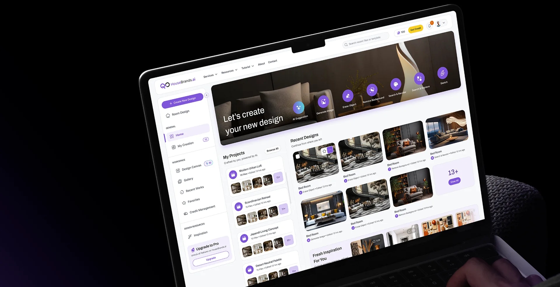 HouseBrands AI design dashboard shown on a laptop