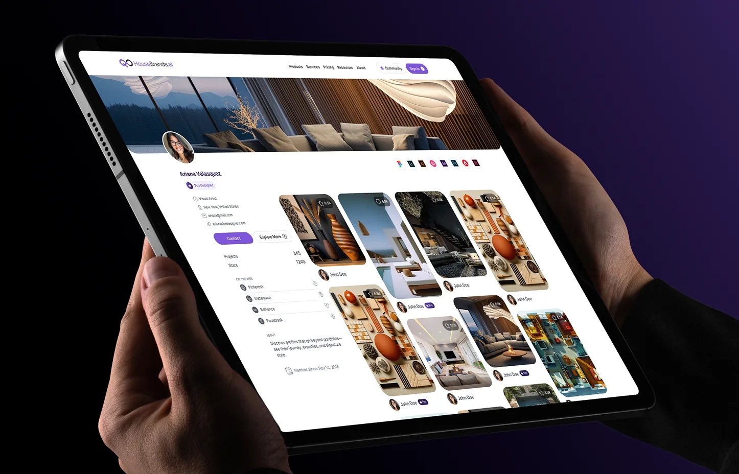 HouseBrands AI designer profile page shown on a tablet