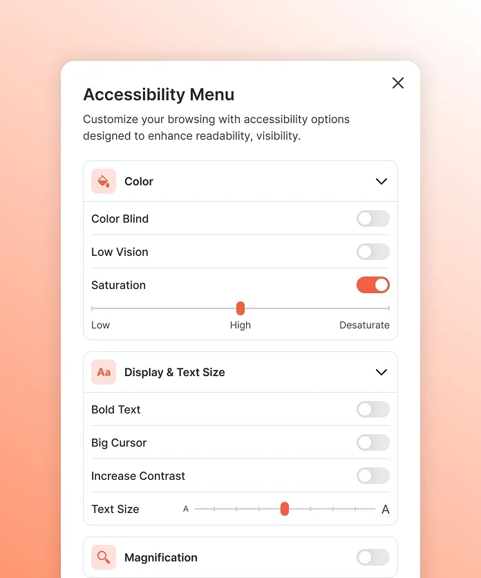 Accessibility settings menu with color, text size, and display options