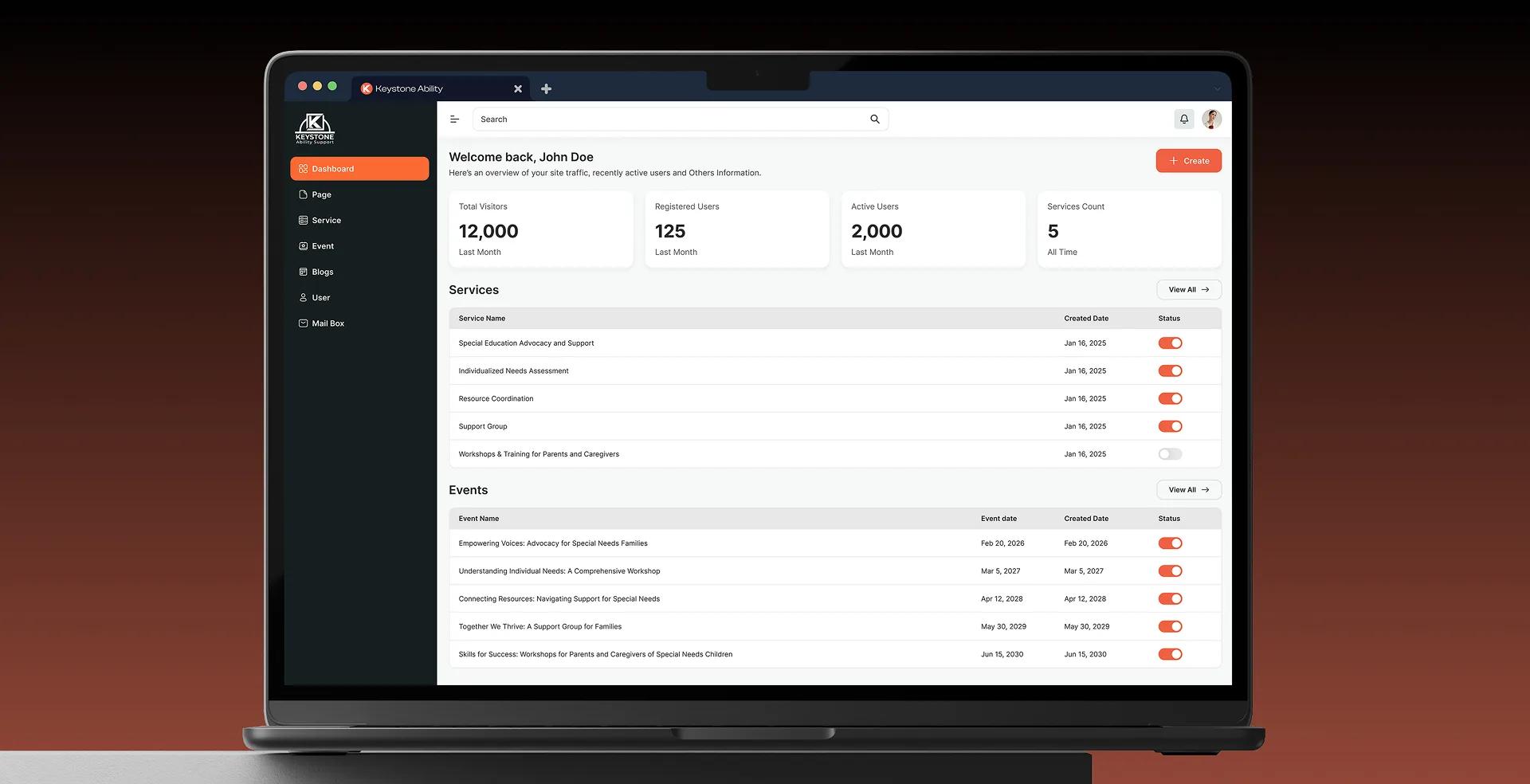 Keystone admin dashboard shown on a laptop
