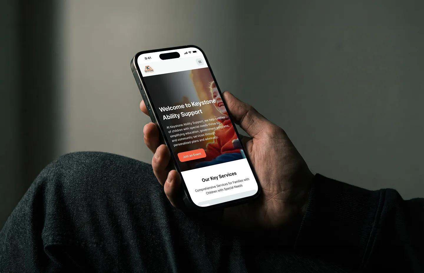 Keystone Ability Support website shown on a mobile phone
