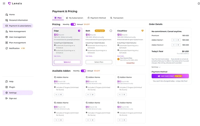 Lensix payment and pricing settings
