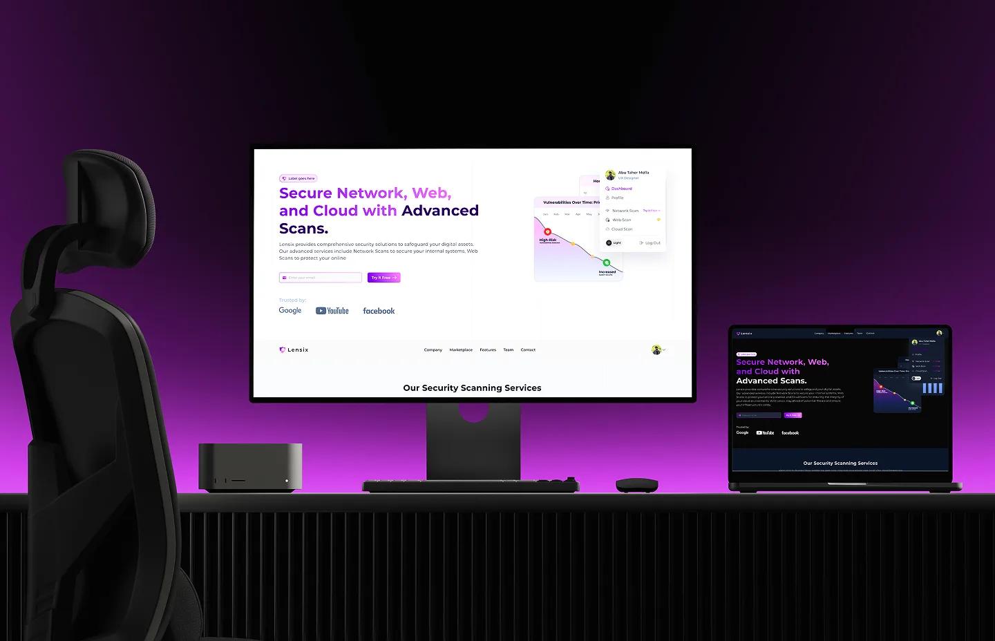 Lensix security platform shown on desktop and laptop in an office setup