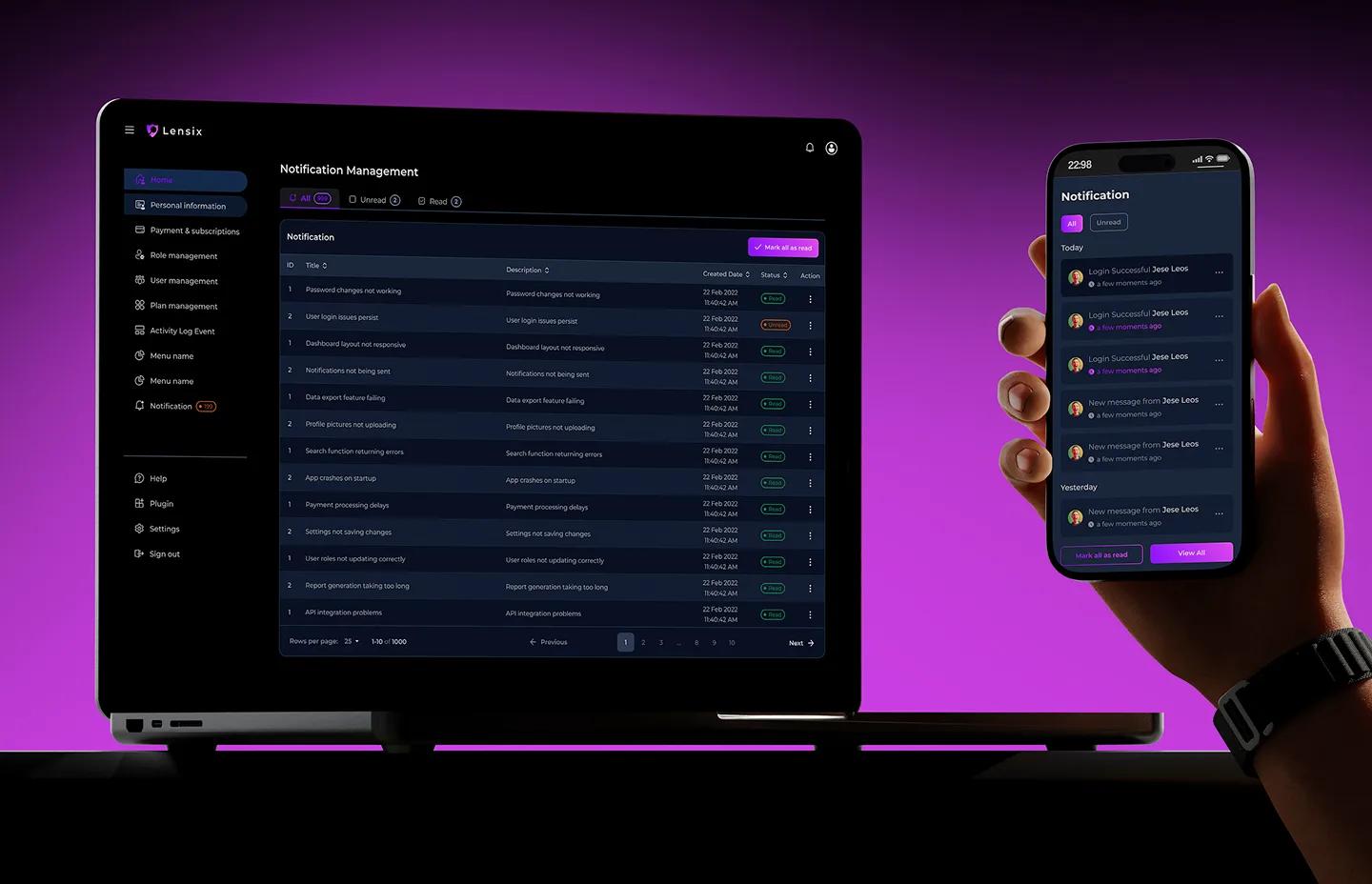 Lensix notification management shown on laptop and mobile