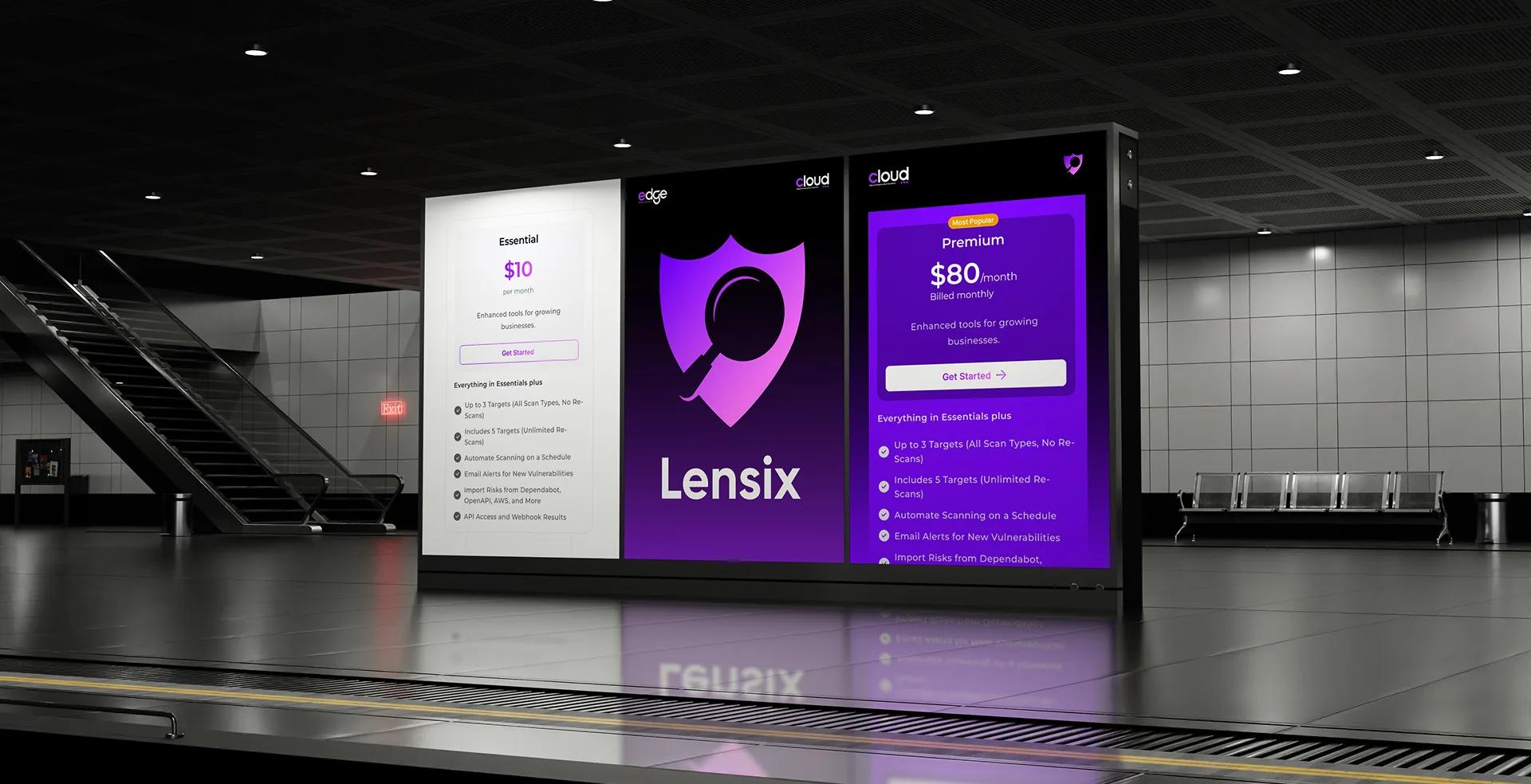 Lensix pricing plans shown on billboards in a subway station