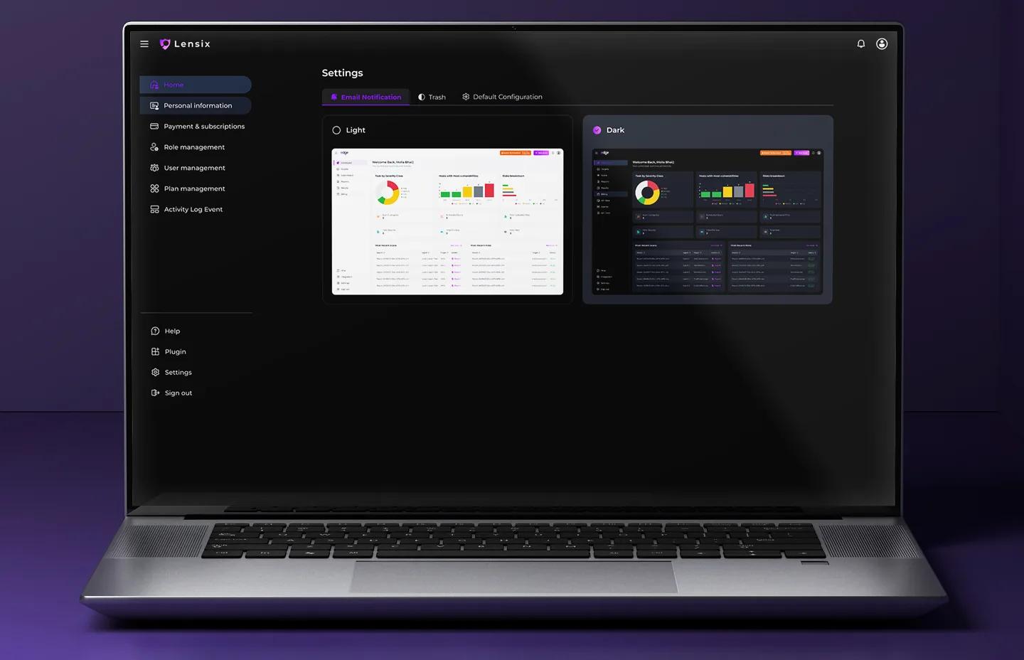 Lensix settings and reporting dashboard shown in light and dark mode on a laptop