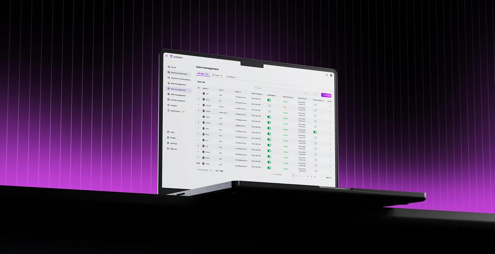 Lensix user management dashboard shown on a laptop