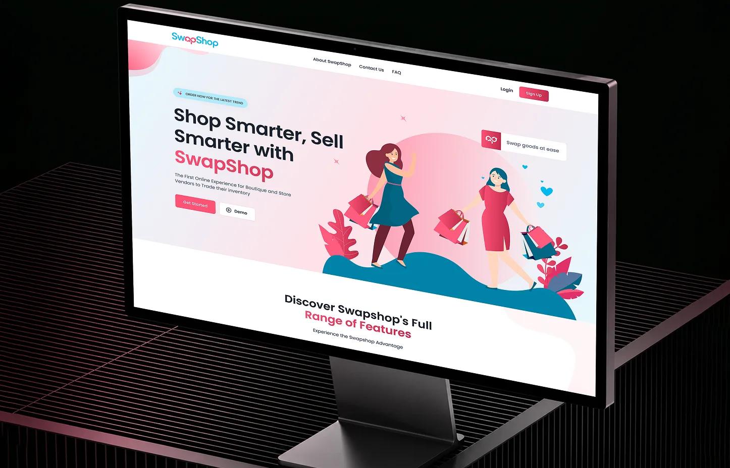 SwapShop landing page shown on a desktop monitor