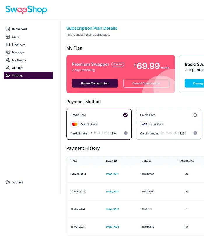 SwapShop inventory and payment method screen
