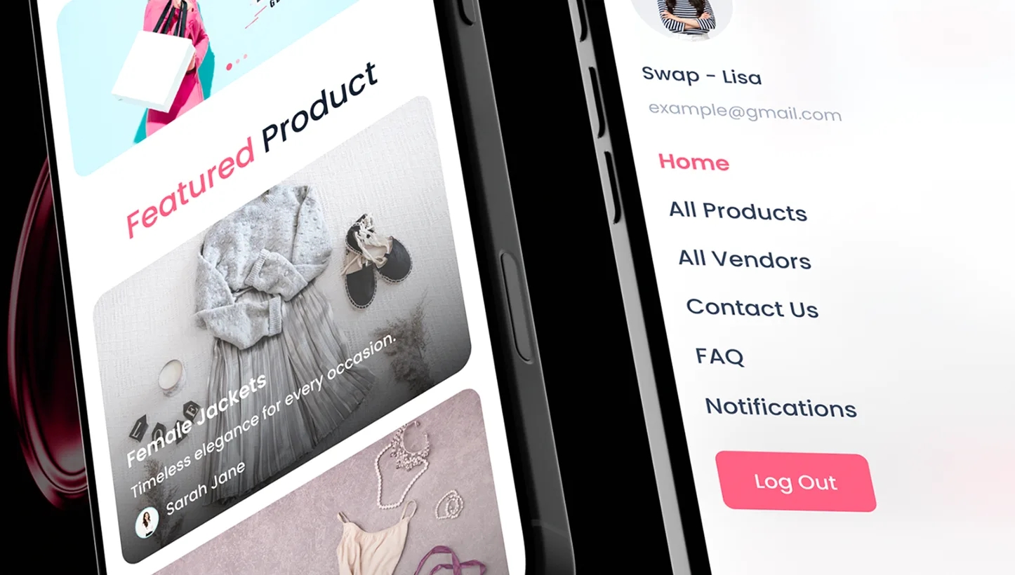 SwapShop featured product and messaging mobile screens