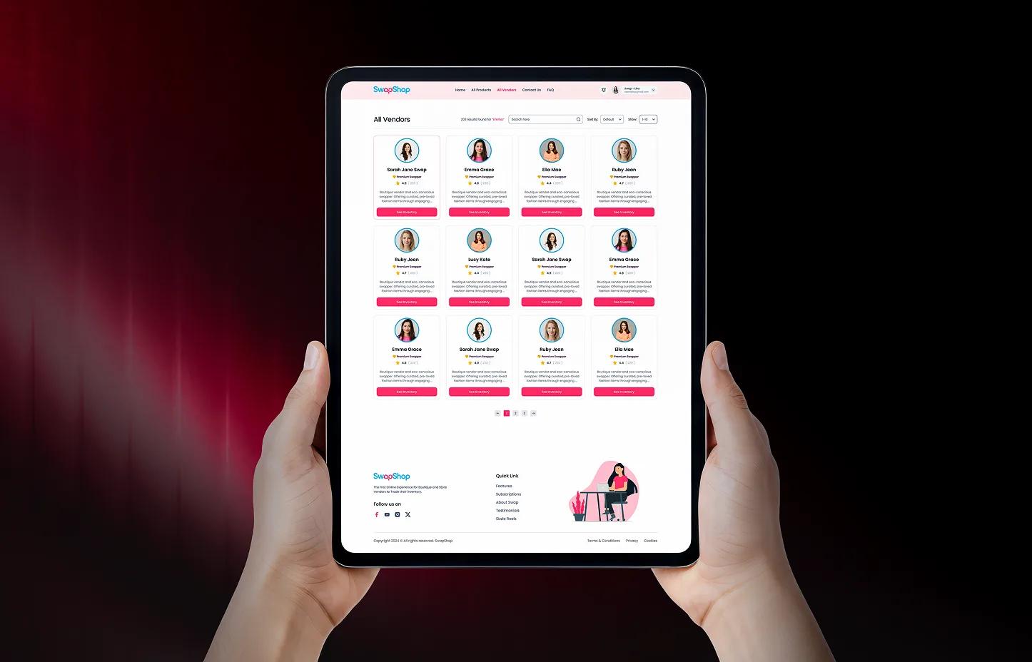 SwapShop All Vendors directory held on a tablet