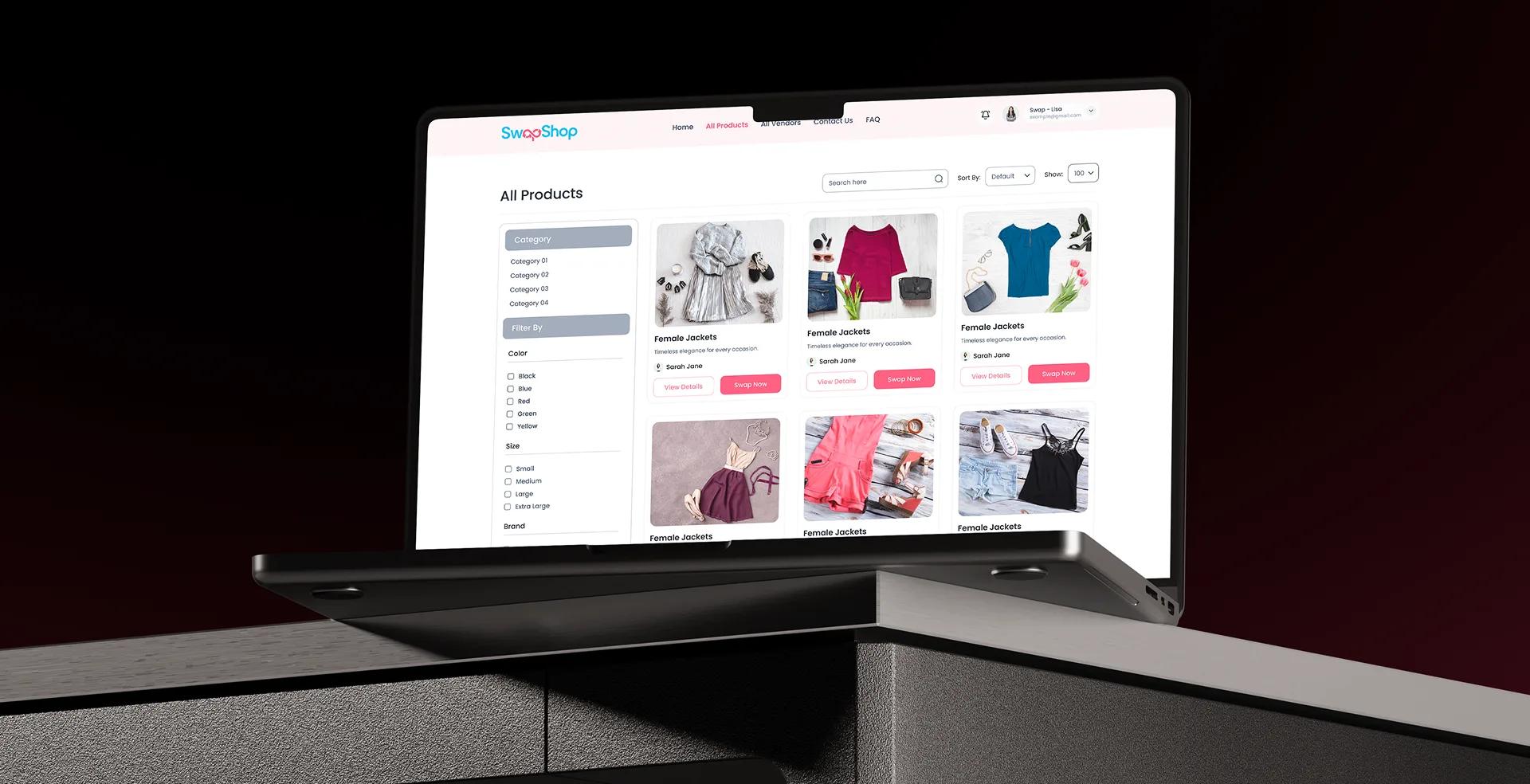 SwapShop All Products marketplace on a laptop