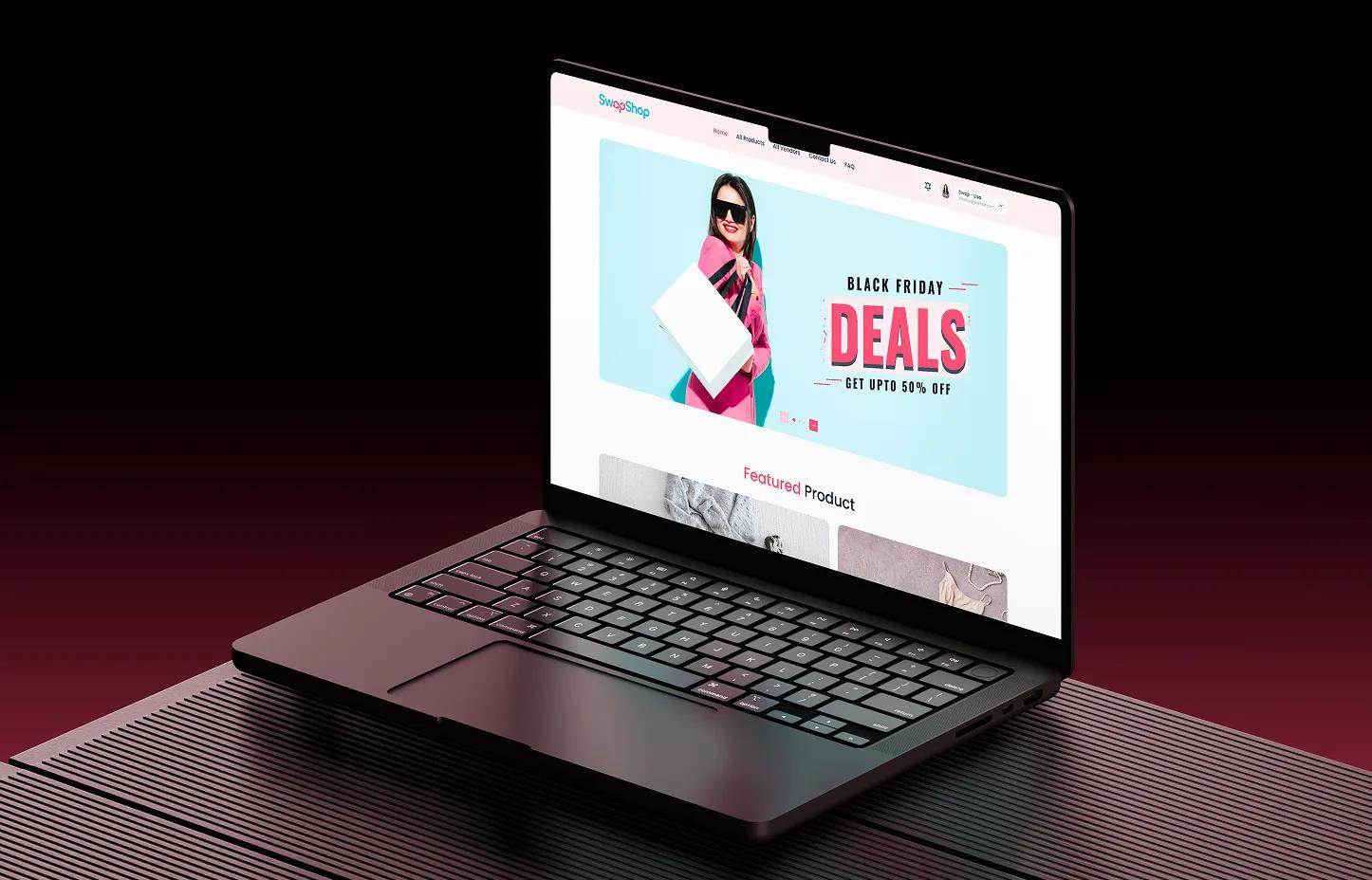 SwapShop landing page deals promotion on a laptop