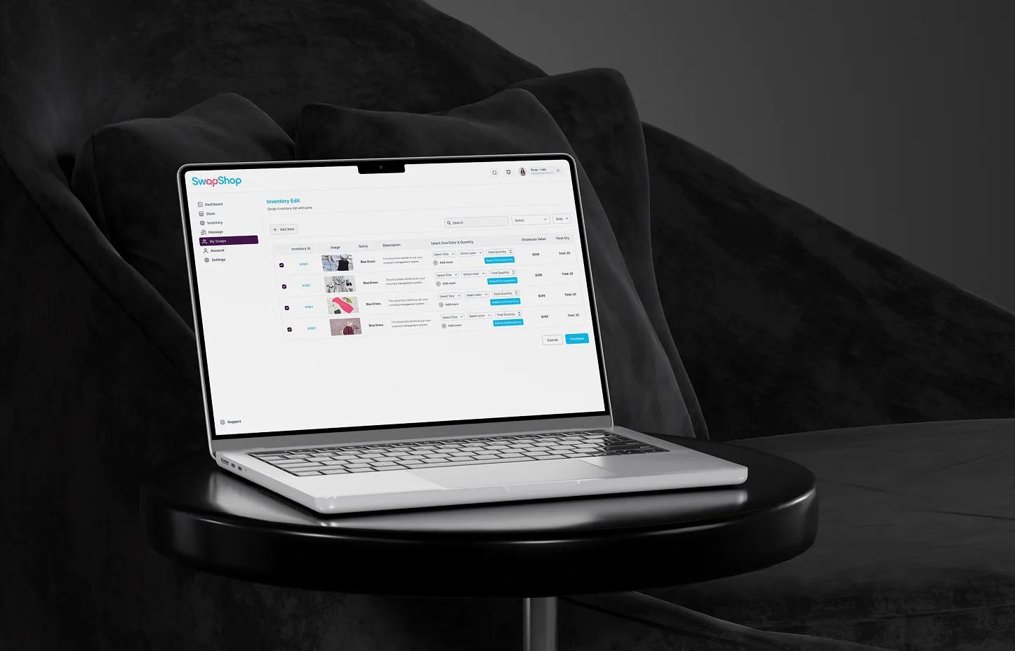 SwapShop inventory editing table on a laptop