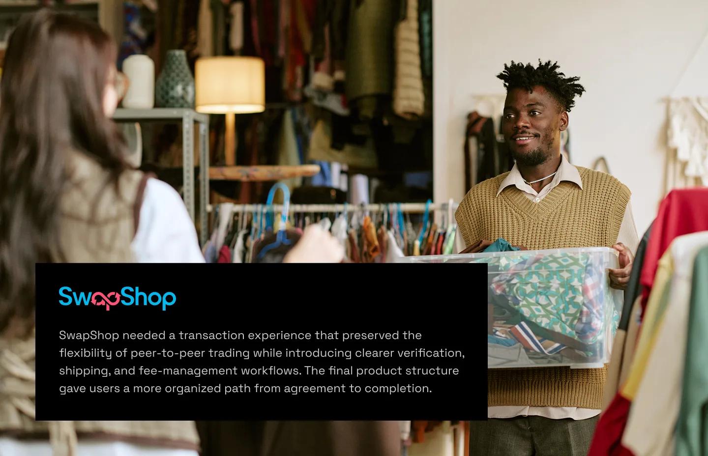 Two people exchanging items inside a SwapShop clothing store