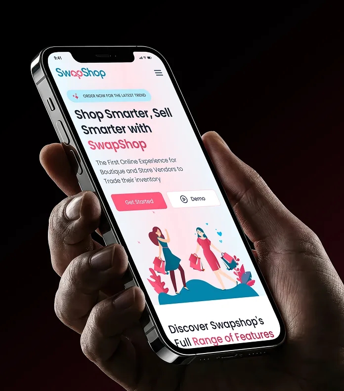 SwapShop mobile landing screen held in hand