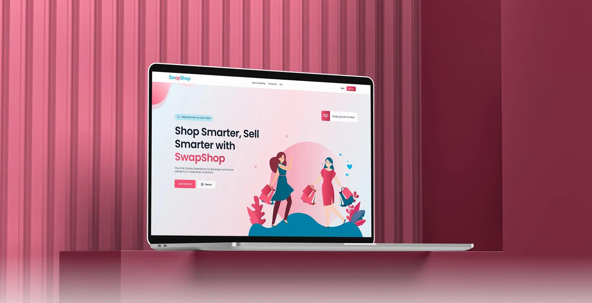 SwapShop landing page mockup on a laptop